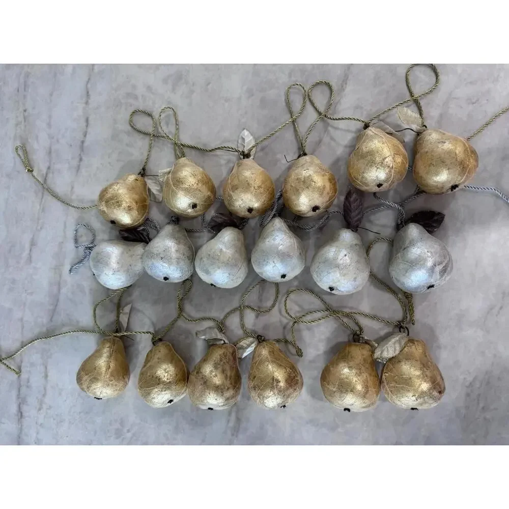 Pear Faux Fruit Garland, Silver & Gold, Christmas, 68in Long, 3 Strands